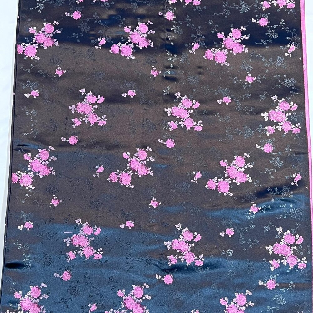 Black & Pink Floral Satin Fabric Cherry Blossom Print 45” Wi x 136” L 3.75 Yards